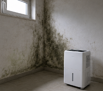 A dehumidifier sits in the corner of a damp, moldy room with a small window on the left.