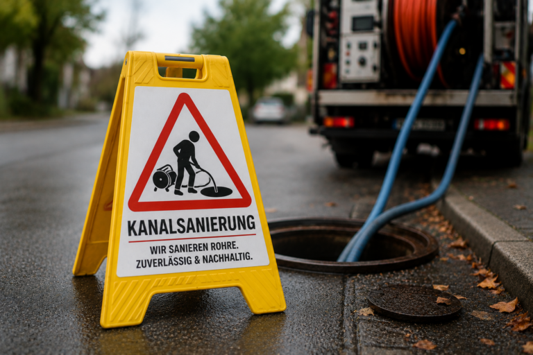 Yellow warning sign 'Kanalsanierung' near an open manhole with blue hoses from a service truck on a wet street, indicating sewer work.