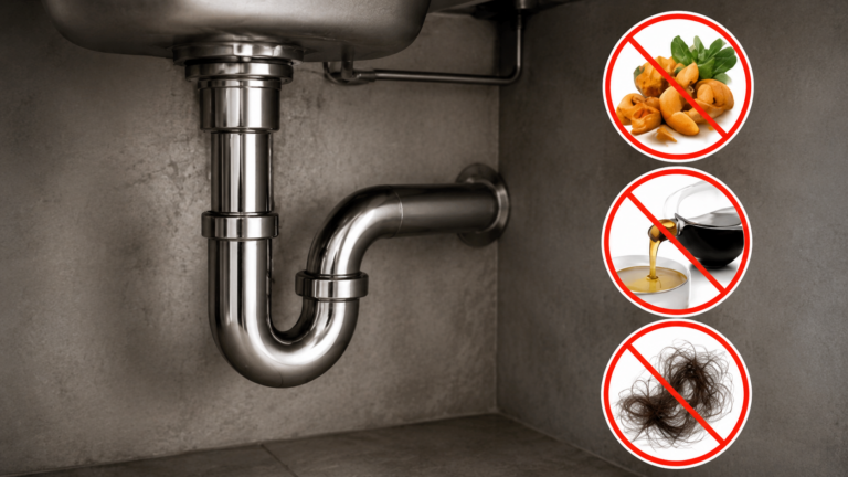 Under-sink plumbing with three no-symbol icons: no food, no liquids, and no hair goes into the drain.