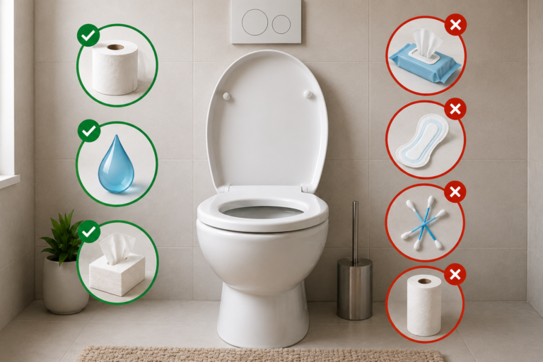 Bathroom infographic: green-circled, recommended items on the left—toilet paper, a water droplet, and a tissue box—vs red-circled, discouraged items on the right (tissue box, sanitary pad, cotton swabs, extra toilet paper).