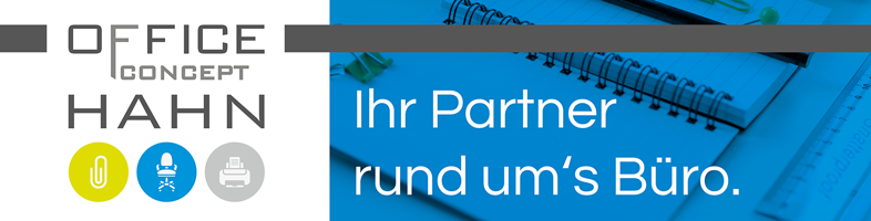 Unsere Partnernetzwerke | Rapid Rohr- und Kanaltechnik Company banner for Office Concept Hahn showing the logo and three circular icons, with the German slogan 'Ihr Partner rund um's Büro' on a blue office-themed background.