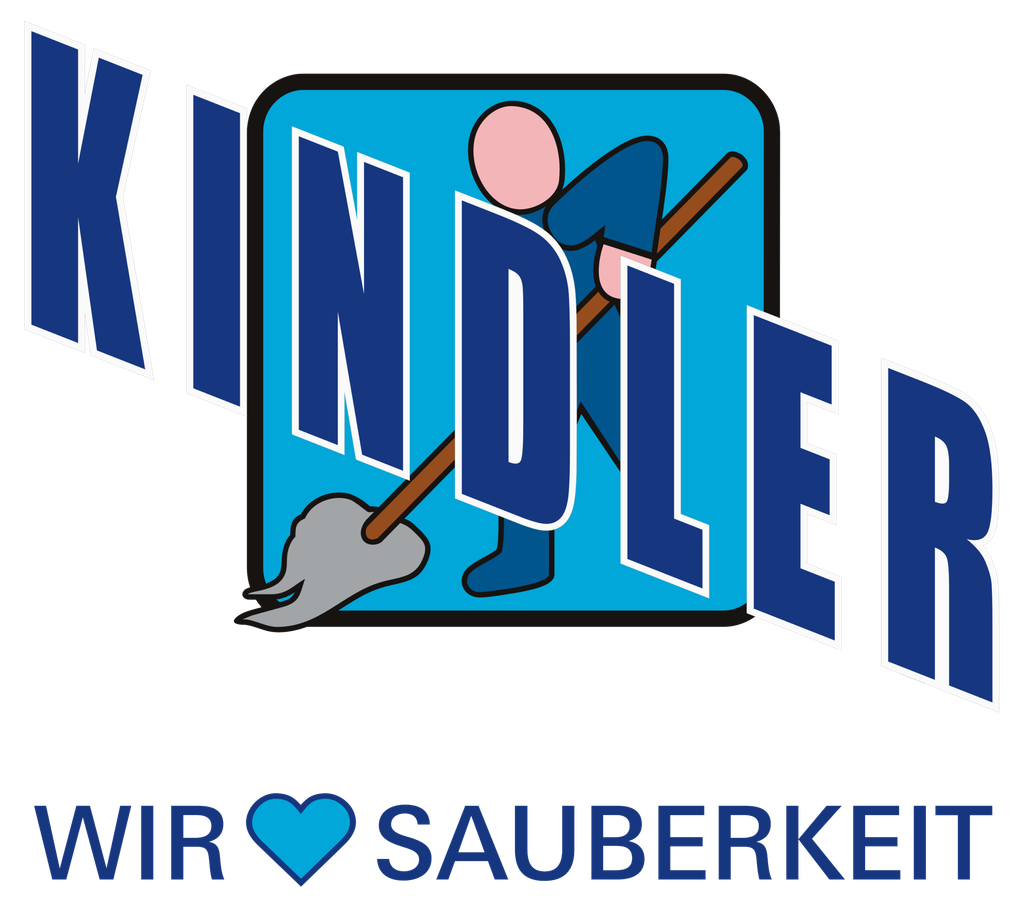 KINDLER Gebäudereinigung - Rapid Rohr- und Kanaltechnik GmbH Logo featuring a cartoon figure sweeping with a brown broom on a blue rounded square and the German text 'Wir ♥ Sauberkeit' behind it.